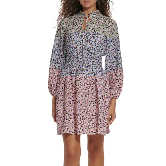 NEW Vince Camuto Floral Colorblock Smocked Waist Long Sleeve Dress Size 18 - Picture 3 of 9